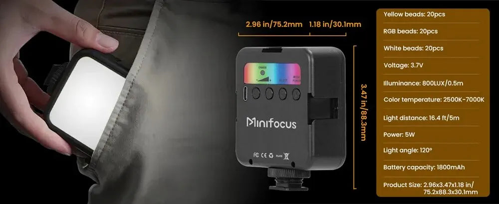 Minifocus RGB Video Light Mini LED Camera Light 1800mAh Rechargable LED Panel Lamp Photo Video Fill Lighting for Youtube Tik Tok