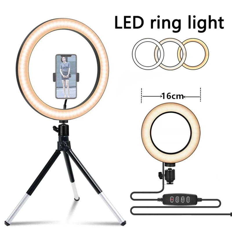 Video Light 26cm Selfie LED Ring Light Dimmable Round Ring Fill Lamp With Stand Tripods Rim Of Light For Tiktok Makeup Ringlight