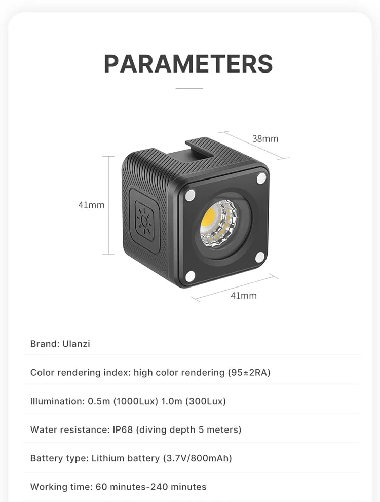 Ulanzi L2 Cute Lite Waterproof Mini LED Video Light Magnetic With Diffuser For 10m Underwater Shoot for Gopro Hero 12 11 10 9 8
