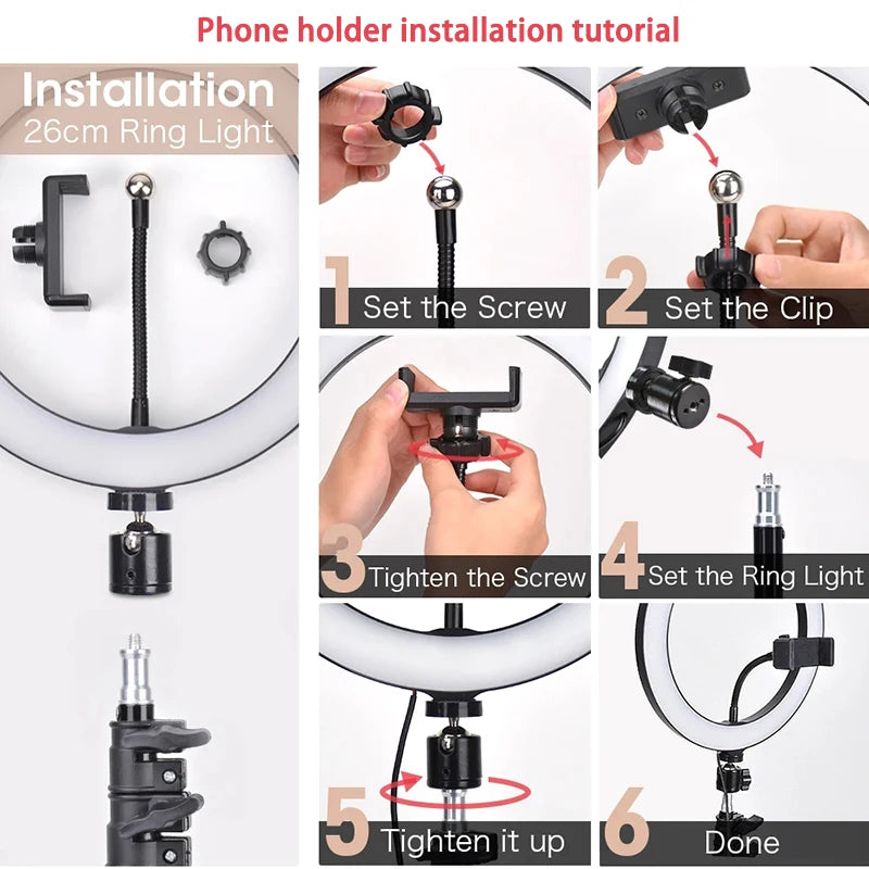 Video Light 26cm Selfie LED Ring Light Dimmable Round Ring Fill Lamp With Stand Tripods Rim Of Light For Tiktok Makeup Ringlight